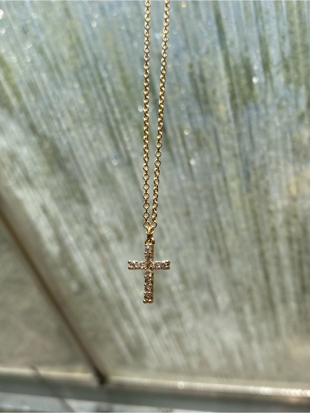 Gold Cross Pendant Necklace with Clear Stones Signed GV9 - Picture 8 of 13